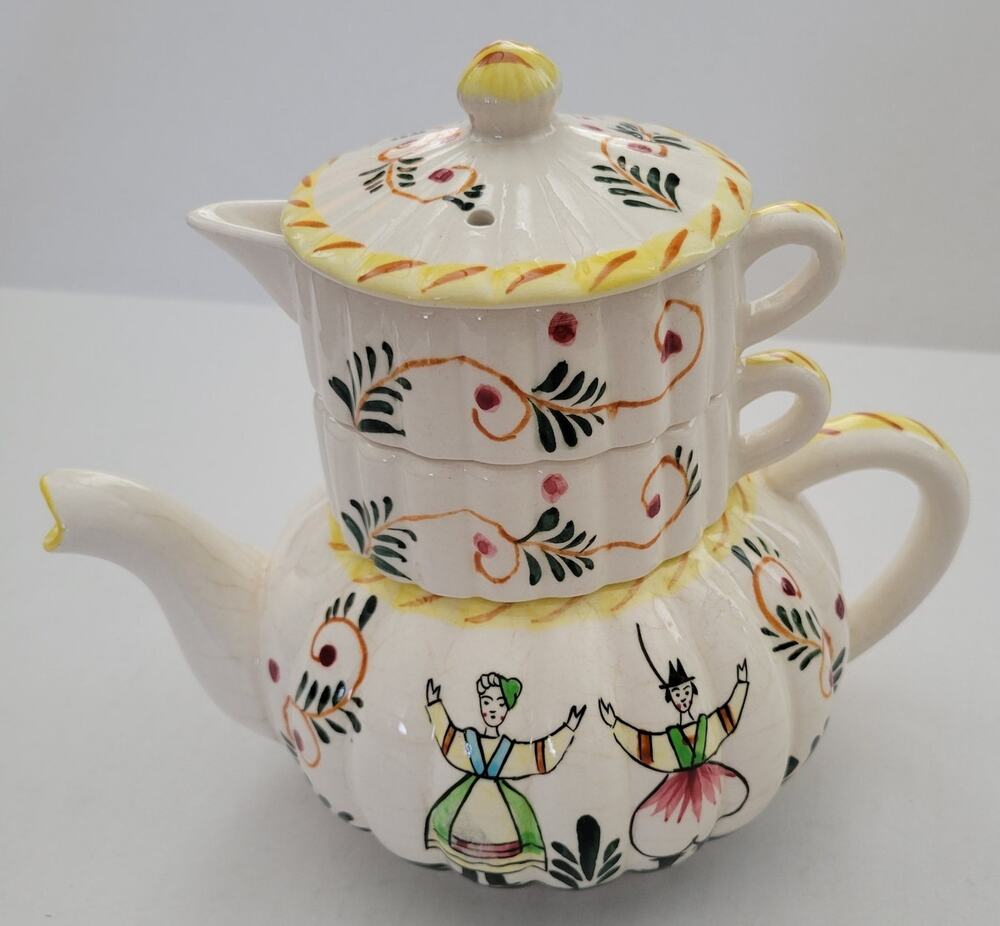 3 pc. Tea for One Hand-Painted Dutch Boy & Girl Pot Creamer Cup Lid Stacking